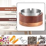 Aschenbecher mit Deckel, Hölzern Aschenbecher für Draussen Innen, Winddichter Geruchssicherer Aschenbecher mit Edelstahleinsatz, Desktop-Aschenbecher Ashtray für Home Office Balkon Partys Gartenbar - 2
